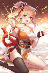  :d bandaged_leg bandages black_thighhighs blonde_hair blush bracelet breast_tattoo breasts chest_sarashi choker cleavage crossed_bangs ear_piercing female fingerless_gloves firecrackers fireworks genshin_impact gloves gou_lianlian_dogface hair_ornament hands_up highres holding holding_fireworks japanese_clothes jewelry kimono looking_at_viewer medium_breasts medium_hair no_shoes obi open_hand open_mouth orange_eyes orange_kimono piercing ponytail red_choker sarashi sash single_fingerless_glove single_thighhigh smile solo sparks tattoo thighhighs thighs vision_(genshin_impact) yoimiya_(genshin_impact) 