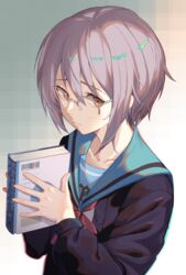  black_cardigan blue_sailor_collar book brown_eyes cardigan closed_mouth collarbone commentary english_commentary female glasses grey-framed_eyewear hair_between_eyes hands_up holding holding_book kita_high_school_uniform long_sleeves looking_at_viewer mixed-language_commentary nagato_yuki neck_ribbon niac open_cardigan open_clothes over-rim_eyewear puffy_long_sleeves puffy_sleeves purple_hair red_ribbon ribbon sailor_collar school_uniform semi-rimless_eyewear shirt solo suzumiya_haruhi_no_shoushitsu suzumiya_haruhi_no_yuuutsu upper_body white_shirt winter_uniform 