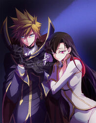  1boy black_gloves black_hair blonde_hair blue_eyes breasts c.c. c.c._(cosplay) cape cloud_strife code_geass commentary cosplay couple earrings english_commentary female final_fantasy final_fantasy_vii final_fantasy_vii_remake gloves high_collar highres jewelry large_breasts lelouch_vi_britannia lelouch_vi_britannia_(cosplay) long_hair red_eyes spiked_hair spykeee straight tifa_lockhart twitter_username zero_(code_geass) zero_(code_geass)_(cosplay) 