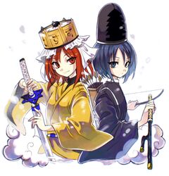  2others androgynous arrow_(projectile) blue_eyes blue_hair bow_(weapon) commentary_request crown frilled_hat frills hat highres holding holding_sword holding_weapon japanese_clothes kariginu kashiwagi_kaoru len&#039;en moz_ill multiple_others ooya_kunimitsu other_focus red_eyes red_hair short_hair smile sword tate_eboshi turtleneck vest weapon 