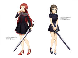  2girls absurdres black_dress black_footwear blue_eyes blue_nails bracelet breasts brown_hair character_name closed_mouth dress full_body hair_intakes hair_ornament hand_up high_heels highres holding holding_sword holding_weapon jewelry long_hair long_sleeves medium_breasts multiple_girls nail_polish official_art pleated_dress puffy_short_sleeves puffy_sleeves pumps red_eyes red_footwear red_hair red_nails ronye_arabel short_dress short_hair short_sleeves side_ponytail simple_background smile standing straight_hair suzuki_gou sword sword_art_online sword_art_online:_alicization thighs tiese_schtrinen unsheathed very_long_hair weapon white_background 