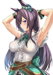  absurdres animal_ears armpits arms_behind_head back_bow belt blush bow bowtie breasts brown_hair closed_mouth cowboy_shot female frilled_skirt frills green_bow green_bowtie green_skirt grey_shirt highres horse_ears horse_girl large_breasts long_hair looking_at_viewer mejiro_dober_(umamusume) purple_eyes shirt simple_background skirt sleeveless sleeveless_shirt solo sweat uchida_shou umamusume v-shaped_eyebrows very_long_hair white_background 