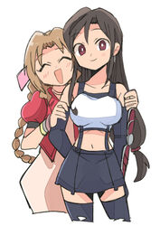  2girls aerith_gainsborough asymmetrical_bangs black_hair black_thighhighs black_undershirt blush bracelet braid braided_ponytail breasts brown_eyes brown_hair choker closed_eyes crop_top cropped_jacket dress earrings elbow_pads final_fantasy final_fantasy_vii final_fantasy_vii_remake gloves hair_ribbon hands_on_another&#039;s_arms jacket jewelry large_breasts long_hair low-tied_long_hair midriff multiple_girls navel open_mouth parted_bangs pink_dress puffy_short_sleeves puffy_sleeves red_jacket ribbon shirt short_sleeves sidelocks skirt smile suspender_skirt suspenders tank_top thighhighs tifa_lockhart tsubobot undershirt upper_body white_background white_shirt white_tank_top 