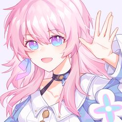  :d \||/ bad_id bad_lofter_id black_choker blue_eyes blue_jacket blush choker collarbone earrings eyelashes female flower flower_ornament gradient_eyes hair_between_eyes hand_up highres honkai:_star_rail honkai_(series) jacket jewelry long_hair long_sleeves looking_at_viewer march_7th_(honkai:_star_rail) march_7th_(preservation)_(honkai:_star_rail) multicolored_eyes open_mouth pink_background pink_hair portrait shirt simple_background single_earring smile solo upper_body white_shirt xinsuimangguoren 