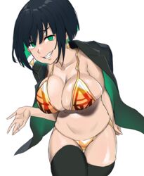  absurdres allmind_(armored_core_6) armored_core armored_core_6 bikini black_hair breasts cleavage colored_inner_hair earrings female gold_bikini green_eyes highres jewelry kurozukin_(th_krz_890) large_breasts looking_at_viewer micro_bikini multicolored_hair navel parted_lips personification shiny_skin short_hair simple_background skindentation smile solo swimsuit thigh_gap thighhighs triangle_earrings white_background 