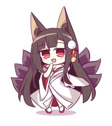  akagi_(azur_lane) akagi_(deep_crimson_poppy)_(azur_lane) animal_ear_fluff animal_ears azur_lane bad_id bad_pixiv_id breasts chibi cleavage female fox_ears fox_tail full_body highres japanese_clothes kashimu kimono kitsune kyuubi large_breasts long_hair multiple_tails off_shoulder official_alternate_costume red_eyes red_footwear shadow simple_background solo tail uchikake white_background white_kimono wide_sleeves 