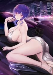  alexiel_(pixiv6211566) ass azur_lane bare_shoulders blue_hair blush breasts car cleavage collarbone commentary cup dress drinking_glass evening_gown female hair_between_eyes hair_ornament hairclip halter_dress halterneck high_heels highres large_breasts legs long_hair looking_at_viewer mclaren mclaren_p1 motor_vehicle official_alternate_costume parted_lips photoshop_(medium) pink_eyes plunging_neckline side_ponytail sidelocks silver_dress smile solo sports_car st._louis_(azur_lane) st._louis_(luxurious_wheels)_(azur_lane) suggestive_fluid thighs 