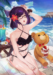  =_= a-chan_(hololive) absurdres ankimo_(tokino_sora) bare_legs bare_shoulders beach bench bikini black_bikini blue_bow blue_hair blue_hawaii blue_sky bow breasts cleavage closed_eyes cloud commentary day drinking_straw female flower food frilled_bikini frills fruit hair_flower hair_ornament hairbow headache hibiscus highres hololive innertube jun_wei navel ocean outdoors palm_tree parfait photoshop_(medium) popsicle scrunchie short_hair side-tie_bikini_bottom sitting sky small_breasts stomach strawberry strawberry_parfait stuffed_animal stuffed_toy summer sunlight swept_bangs swim_ring swimsuit table teddy_bear tree triangle_mouth tropical_drink virtual_youtuber wrist_scrunchie 