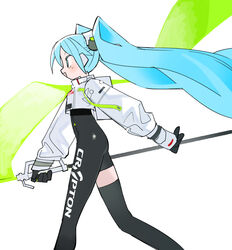  aqua_hair asymmetrical_legwear backpack bag black_bodysuit black_gloves bodysuit copyright_name cropped_jacket crypton_future_media female flag floating_hair from_side gloves goodsmile_racing hair_ornament hatsune_miku headphones high_collar highres holding holding_flag jacket kokaki_mumose long_hair long_sleeves open_mouth profile puffy_long_sleeves puffy_sleeves racing_miku racing_miku_(2022) single_thighhigh smile solo thighhighs twintails very_long_hair vocaloid walking white_jacket 