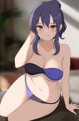  absurdres bare_shoulders bikini blurry blurry_background breasts brown_eyes cleavage closed_mouth collarbone female glasses hair_between_eyes highres mole mole_on_breast navel purple_hair rin_(senran_kagura) senran_kagura sidelocks sitting smile solo surippa1010 swimsuit two-tone_bikini 