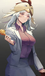  absurdres bird breasts chicken chicken_hat collared_shirt cy9 female food highres holding holding_food large_breasts long_hair office_lady original pencil_skirt pink_eyes shirt simple_background skirt solo standing white_hair 