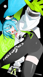  aqua_eyes aqua_hair ass asymmetrical_legwear backpack bag black_background black_bodysuit black_gloves blush bodysuit commentary copyright_name cropped_jacket crypton_future_media feet_out_of_frame female flag floating_hair from_behind from_below full_moon gloves goodsmile_racing green_gloves hatsune_miku headphones high_collar highres holding holding_flag jacket kokaki_mumose leaning_forward light_blush long_hair long_sleeves looking_back moon open_mouth outstretched_hand puffy_long_sleeves puffy_sleeves racing_miku racing_miku_(2022) single_thighhigh smile solo star_(sky) thighhighs twintails two-tone_gloves vocaloid w white_jacket 