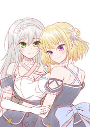  2girls absurdres assault_lily back_bow bare_shoulders black_gloves blonde_hair blue_bow blue_ribbon blush bow bow_hairband braid breasts cleavage closed_mouth collar collarbone commentary_request criss-cross_halter detached_sleeves earclip earrings elbow_gloves flower frilled_collar frilled_gloves frilled_sleeves frills gloves green_eyes grey_hair hair_bun hair_flower hair_ornament hair_ribbon hairband hairbow halterneck hand_on_another&#039;s_arm hand_on_another&#039;s_waist hand_up hayakawa_yahiro high-waist_skirt highres jewelry large_breasts long_hair looking_at_viewer looking_back multiple_girls pink_hairband purple_eyes ribbon ring shirt short_hair short_sleeves side_braid simple_background single_braid single_side_bun skirt smile stud_earrings tominaga_shin upper_body v-shaped_eyebrows very_long_hair white_background white_bow white_collar white_flower white_gloves white_shirt yajiuma_no_jesse yuri 