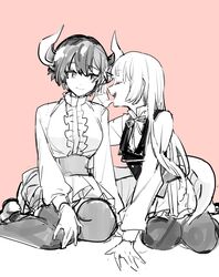  2girls anne_(shingeki_no_bahamut) bow bowtie center_frills closed_eyes closed_mouth commentary frills grea_(shingeki_no_bahamut) greyscale_with_colored_background highres horns long_hair long_sleeves manaria_friends monochrome mra_bot multiple_girls open_mouth pink_background shirt short_hair simple_background tail tail_wrap thighhighs 