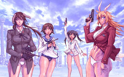  4girls animal_ears beretta_m1934 charlotte_e._yeager dog_ears dog_girl dress francesca_lucchini gertrud_barkhorn gloves gun handgun luger_p08 m1911 military military_uniform miyafuji_yoshika multiple_girls muscular muscular_female nambu_type_14 no_pants pointing pointing_up pointing_weapon rabbit_ears rabbit_girl sailor sailor_dress same_(carcharodon) strike_witches swimsuit underwear uniform weapon world_witches_series 