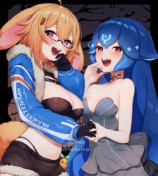  2girls :d ahoge animal_ears bao_(vtuber) bao_(vtuber)_(1st_costume) bare_arms bare_shoulders bare_tree black-framed_eyewear black_gloves black_panties black_shorts blue_hair blue_jacket blush bonnie_(bunny_gif) breasts brown_hair carrot_hair_ornament cleavage commentary commission dress food-themed_hair_ornament fur-trimmed_jacket fur-trimmed_shorts fur_trim glasses gloves grey_dress hair_between_eyes hair_ornament hairclip highleg highleg_panties indie_virtual_youtuber jacket long_hair long_sleeves looking_at_viewer medium_breasts multiple_girls panties puffy_long_sleeves puffy_sleeves red_eyes semi-rimless_eyewear short_shorts shorts skeb_commission smile strapless strapless_dress tail teeth tree twitter_username under-rim_eyewear underwear upper_teeth_only very_long_hair virtual_youtuber yamabukiiro 