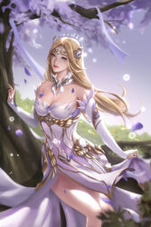  bare_legs bare_shoulders blonde_hair blue_eyes breasts bubble douluo_dalu dress female hair_ornament highres long_hair petals qian_renxue_(douluo_dalu) qian_renxue_zhuye sitting smile tree white_dress 