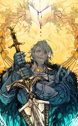  1boy aqua_eyes armor beard blonde_hair blood blood_drip book chinese_commentary commentary_request earth_mother facial_hair father_utravsky female hand_on_another&#039;s_cheek hand_on_another&#039;s_face highres holding holding_sword holding_weapon jewelry jueqinunique lord_of_the_mysteries medallion moustache nail nail_polish necklace open_book plant sword symbol weapon 