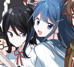  2boys 2girls :d bad_id bad_twitter_id black_hair blue_eyes blue_hair brown_hair brown_jacket celestia_ludenberg collared_shirt danganronpa:_trigger_happy_havoc danganronpa_(series) freckles from_side glasses green_hoodie hair_ornament hairclip holding holding_knife holding_weapon hood hoodie ikusaba_mukuro jacket knife long_hair looking_at_viewer looking_to_the_side maizono_sayaka medium_hair midou_(grk12138) multiple_boys multiple_girls naegi_makoto neck_ribbon out_of_frame red_ribbon ribbon school_uniform shirt short_hair smile weapon white_shirt yamada_hifumi 