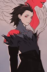  1boy bad_id bad_twitter_id black_hair black_lips black_nails bodysuit breasts closed_mouth colored_skin female fingernails hand_on_another&#039;s_shoulder highres lipstick looking_at_viewer makeup medium_breasts mochizuki_ryouji neekosiah nyx_(persona_3) persona persona_3 red_eyes red_skin sharp_fingernails simple_background smile 