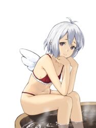  angel_wings antenna_hair bath bikini commentary_request elf female grey_hair highres kokkoro_(princess_connect!) medium_hair navel pointy_ears princess_connect! red_bikini red_eyes shin_(shincrz) sitting smile soaking_feet solo steam swimsuit wings 