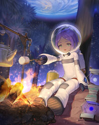  astronaut blue_eyes campfire coco_mercury dark-skinned_female dark_skin female fire food full_body helmet kagimiya_mello kettle last_origin marshmallow open_mouth outer_wilds palm_tree purple_hair sand short_hair smile solo space space_helmet spacesuit tree 