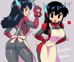  :d apron ass asta_rindo_(rariatto) black_eyes black_hair bodysuit breasts closed_mouth commentary contrapposto female gloves grey_bodysuit hand_up highres holding holding_ladle jaggy_lines ladle large_breasts long_hair multiple_views open_mouth original puff_of_air rariatto_(ganguri) red_gloves robot_ears smile spoken_object translated tying_apron white_apron 