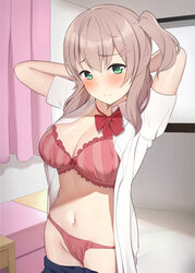  arms_behind_head arms_up blue_skirt blush boku_to_kanojo_no_onani_life bow bow_bra bra breasts brown_hair closed_mouth clothes_pull commentary_request cowboy_shot dress_shirt female frilled_bra frills green_eyes hair_ornament hair_tie hairclip indoors large_breasts looking_at_viewer medium_hair naomi_(boku_to_kanojo_no_onani_life) navel one_side_up onikokko open_clothes open_shirt original panties partial_commentary red_bra red_panties second-party_source shirt short_sleeves skirt skirt_pull smile solo standing underwear white_shirt wing_collar yumehiko 