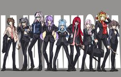  6+girls adjusting_clothes adjusting_necktie airani_iofifteen alternate_costume anya_melfissa ayunda_risu blonde_hair blue_hair braid brown_hair elbow_on_another&#039;s_shoulder eyewear_on_head formal grey_hair hand_in_own_hair highres hololive hololive_indonesia kaela_kovalskia kobo_kanaeru kureiji_ollie long_hair moona_hoshinova multiple_girls necktie pavolia_reine pink_hair purple_hair raikkonen red_hair suit sunglasses sword tablet_pc tinted_eyewear unworn_eyewear vestia_zeta virtual_youtuber weapon 