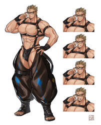  1boy abs bad_id bad_pixiv_id bara bare_pectorals bare_shoulders black-framed_eyewear black_male_underwear blonde_hair briefs bulge bursting_pectorals chest_harness clothing_cutout crotchless crotchless_pants expressions facial_hair full_body goatee hand_on_own_hip harness highres large_pectorals male_focus male_underwear mature_male muscular muscular_male navel nipples original pants pectorals revealing_clothes short_hair smile stomach tabletop_rpg thick_thighs thigh_cutout thighs torawar underwear 