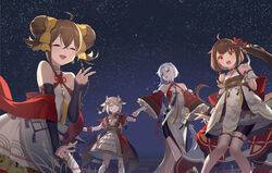  4girls absurdres ahoge bilibili blue_eyes blue_ribbon blush bow braid brown_hair chinese_clothes chinese_new_year closed_eyes commentary_request detached_sleeves doge double_bun dress feet_out_of_frame flat_chest flower_knot frostcyco hair_bun hair_ornament hair_ribbon hand_up hanser_(vtuber) highres holding_hands indie_virtual_youtuber kano_(utaite) long_hair looking_at_viewer low_ponytail multiple_girls night night_sky nijisanji official_art open_mouth orange_eyes pelvic_curtain red_shawl ribbon shawl short_sleeves side_ponytail sky smile star_(sky) starry_sky tassel thighhighs v virtual_youtuber virtuareal white_hair x_hair_ornament yellow_bow yousa zuya_naxi 