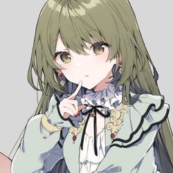  :o blush cropped dress earrings female finger_to_mouth frilled_dress frilled_sleeves frills green_eyes green_hair grey_background idol idolmaster idolmaster_shiny_colors ikeuchi_tanuma jewelry long_hair long_sleeves looking_at_viewer nail_polish nanakusa_nichika neck_ribbon puffy_long_sleeves puffy_sleeves ribbon simple_background solo upper_body 