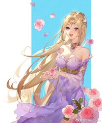  armor armored_dress bare_shoulders blonde_hair blue_eyes douluo_dalu dress female flower hair_ornament holding holding_flower qian_renxue_(douluo_dalu) smile solo striped striped_background teeth upper_body white_dress yu_ye_lan_katerina 