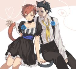  1boy animal_ears black_choker black_dress black_hair black_nails black_pants blue_eyes blue_flower blue_rose brown_hair cat_boy cat_ears cat_girl cat_tail choker closed_mouth dress extra_ears female flower frilled_dress frills hair_ornament hairclip heart highres mochizuki_ryouji nail_polish neckerchief neekosiah oerba_yun_fang open_mouth pants persona persona_3 persona_3_portable red_eyes rose shiomi_kotone shirt simple_background sitting straight suspenders tail two-tone_background white_shirt yellow_neckerchief 