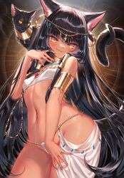  animal_ear_fluff animal_ears ankh armlet bare_shoulders bastet_(mythology) black_cat black_hair blush breasts brooch cat_ears cat_tail closed_mouth commentary covered_nipples dark-skinned_female dark_skin earrings egyptian egyptian_clothes egyptian_mythology feline female highres jewelry komiya_nigi long_hair looking_at_viewer navel oerba_yun_fang original slit_pupils small_breasts smile solo standing stomach tail usekh_collar very_long_hair yellow_eyes 