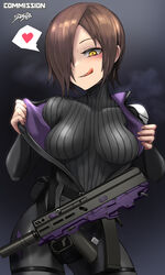  black_bodysuit blush bodysuit breasts brown_hair bullpup collarbone commission female gun hair_over_one_eye heart highres licking_lips looking_at_viewer medium_breasts naughty_face original short_hair skeb_commission solo spoken_heart stribog_sp9 submachine_gun sunao_(70_the) tongue tongue_out undressing weapon yellow_eyes 