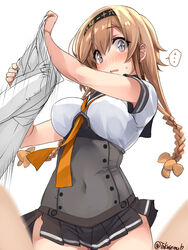  ... black_headband blush braid breasts clothes_writing covered_navel female grey_eyes hachimaki hair_ornament hairband headband highres implied_erection kantai_collection large_breasts light_brown_hair long_hair looking_down miniskirt neckerchief one-hour_drawing_challenge pleated_skirt propeller_hair_ornament school_uniform serafuku skirt sweatdrop takase_muh teruzuki_(kancolle) twin_braids 