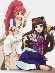  13-gou 2girls barefoot brown_eyes brown_hair collarbone cosplay dragon_quest dragon_quest_iii fingerless_gloves full_body gloves jewelry kurosu_aroma long_hair looking_at_viewer merchant_(dq3) multiple_girls navel open_mouth pink_hair pretty_series pripara shiratama_mikan simple_background smile 