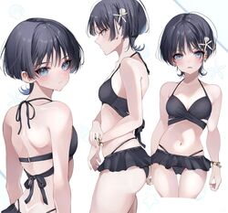  back bikini black_bikini black_hair blue_eyes blush breasts earrings female genderswap_(mtf) genshin_impact hair_between_eyes hair_ornament highres jewelry ma_d_k_89 medium_breasts multiple_views navel rule_63 scaramouche_(genshin_impact) short_hair stomach swimsuit white_background 