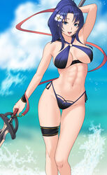  abs arm_behind_head bbk_(13zk) bikini blue_bikini blue_eyes blue_hair bracelet breasts cleavage cloud english_commentary feet_out_of_frame female fire_emblem fire_emblem:_new_mystery_of_the_emblem fire_emblem_heroes flower gold_trim groin hair_flower hair_ornament halterneck highleg highleg_bikini highres holding holding_polearm holding_weapon jewelry kris_(female)_(fire_emblem) kris_(fire_emblem) long_hair looking_at_viewer medium_breasts open_clothes open_mouth polearm ponytail sidelocks smile solo string_bikini swimsuit thigh_gap thigh_strap thighs vest waves weapon 