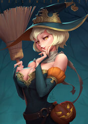  black_light blonde_hair breasts bridal_gauntlets broom chinese_commentary cleavage commentary_request detached_collar dress elbow_gloves female from_side gloves halloween hat highres jack-o&#039;-lantern licking_lips lips looking_at_viewer medium_breasts mole mole_under_mouth original short_hair solo strapless strapless_dress tongue tongue_out witch witch_hat yellow_eyes 