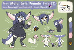  2021 anthro artist_name big_ears blue_body blue_fur canid canine caracal caracal_(genus) closed_eyes closed_smile clothed clothing color_swatch dark_legwear dark_sclera english_text eyelashes eyewear featureless_crotch feet felid feline female fennec_fox fox front_view fur glasses glistening glistening_eyes green_background hi_res hybrid jewelry legwear mammal model_sheet mouth_closed mylafox mylafox_(character) necklace nude open_mouth open_smile orange_eyes pawpads paws pink_pawpads round_glasses simple_background smile soles solo standing text toes true_fox url white_body white_fur 