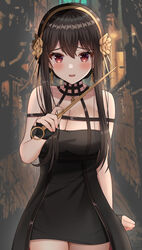  absurdres alley bad_id bad_twitter_id black_dress black_gloves black_hair blush breasts cleavage commentary cowboy_shot dagger dress earrings female fingerless_gloves flower gloves gold_earrings gold_hairband hair_flower hair_ornament hairband highres hisui_(user_zvkr2432) holding holding_dagger holding_knife holding_weapon jewelry knife large_breasts long_hair off-shoulder_dress off_shoulder open_mouth raised_eyebrows red_eyes rose shy sidelocks solo spikes spy_x_family weapon yor_briar 