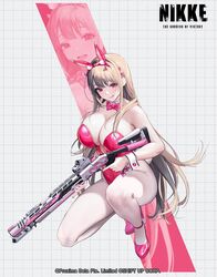  animal_ears bare_shoulders bow bowtie breasts copyright_name detached_collar dore_(gilles_dore) dramz fake_animal_ears fake_tail female floating_hair full_body goddess_of_victory:_nikke grid_background gun hand_up high_heels highleg highleg_leotard holding holding_weapon huge_breasts leotard light_brown_hair long_hair looking_at_viewer official_alternate_costume official_art open_mouth pantyhose phone pink_bow pink_bowtie pink_eyes pink_footwear pink_leotard playboy_bunny rabbit_ears rabbit_tail shotgun strapless strapless_leotard tail teeth thick_thighs thighs upper_teeth_only very_long_hair viper_(nikke) viper_(toxic_rabbit)_(nikke) weapon white_pantyhose wrist_cuffs 