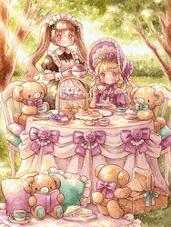  2girls apron bare_shoulders blonde_hair blurry blush bonnet bow brown_hair cake_stand center_frills collared_dress cup cupcake dessert dress food frilled_apron frills gem hairbow holding holding_cup holding_teapot light_rays lolita_fashion long_hair maid maid_headdress multiple_girls neck_ribbon original outdoors painting_(medium) paper_texture pearl_(gemstone) picnic_basket pillow puffy_short_sleeves puffy_sleeves ribbon sakano_machi sandwich short_sleeves sleeveless sleeveless_dress stuffed_animal stuffed_toy table tablecloth tea tea_party teacup teapot teddy_bear traditional_media tree twintails under_tree watercolor_(medium) wavy_hair wristband 