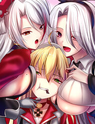  3girls admiral_hipper_(azur_lane) akeyama_kitsune animal_ears azur_lane black_hairband blonde_hair breast_envy breasts chocolate commentary_request cropped_shirt cross fake_animal_ears gloves green_eyes grey_gloves hair_over_one_eye hairband headgear iron_cross large_breasts long_hair looking_at_viewer mole mole_on_breast multicolored_hair multiple_girls open_mouth orange_eyes pink_background prinz_eugen_(azur_lane) prinz_heinrich_(azur_lane) red_eyes red_gloves red_hair shirt sideboob simple_background streaked_hair teeth two-tone_gloves two-tone_hair underboob valentine white_hair white_shirt 