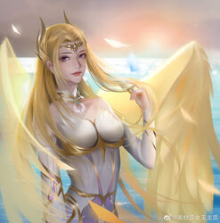  angel_wings bare_shoulders blonde_hair cloud cloudy_sky douluo_dalu dress female hair_ornament highres mei_du_sha_nuwang_zhuye ocean qian_renxue_(douluo_dalu) sky smile solo sunset water white_dress wings yellow_wings 