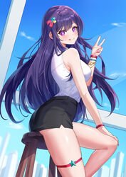  :q absurdres ass black_skirt blue_sky bracelet breasts commentary female hair_ornament hand_up highres hoshino_ai_(oshi_no_ko) jewelry medium_breasts miniskirt oshi_no_ko pencil_skirt purple_eyes purple_hair red_nails shirt sitting skirt skl sky sleeveless sleeveless_shirt solo star-shaped_pupils star_(symbol) stool symbol-shaped_pupils thigh_strap thighs tongue tongue_out v white_shirt wristband 