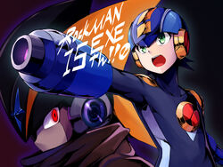  2boys anniversary bass.exe_(mega_man) blue_eyes character_name clip_studio_paint_(medium) collarbone copyright_name covered_collarbone english_text ginopi glowing glowing_eyes green_eyes hatching_(texture) helmet male_focus mega_man_(series) mega_man_battle_network_(series) megaman.exe multiple_boys netnavi open_mouth outline teeth tongue upper_body upper_teeth_only weapon 