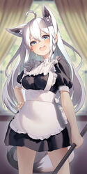  absurdres ahoge alternate_costume animal_ear_fluff animal_ears apron blurry blurry_background blush braid breasts commentary_request enmaided extra_ears female fox_ears fox_girl fox_tail green_eyes hair_between_eyes hand_on_own_hip highres holding hololive indoors long_hair looking_at_viewer maid maid_apron open_mouth shirai_yu shirakami_fubuki short_sleeves sidelocks single_braid small_breasts solo tail virtual_youtuber white_hair 